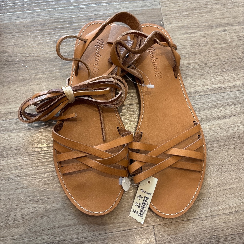 Madewell, Flat Lace Up Leather Sandals, Camel, Women Size 7